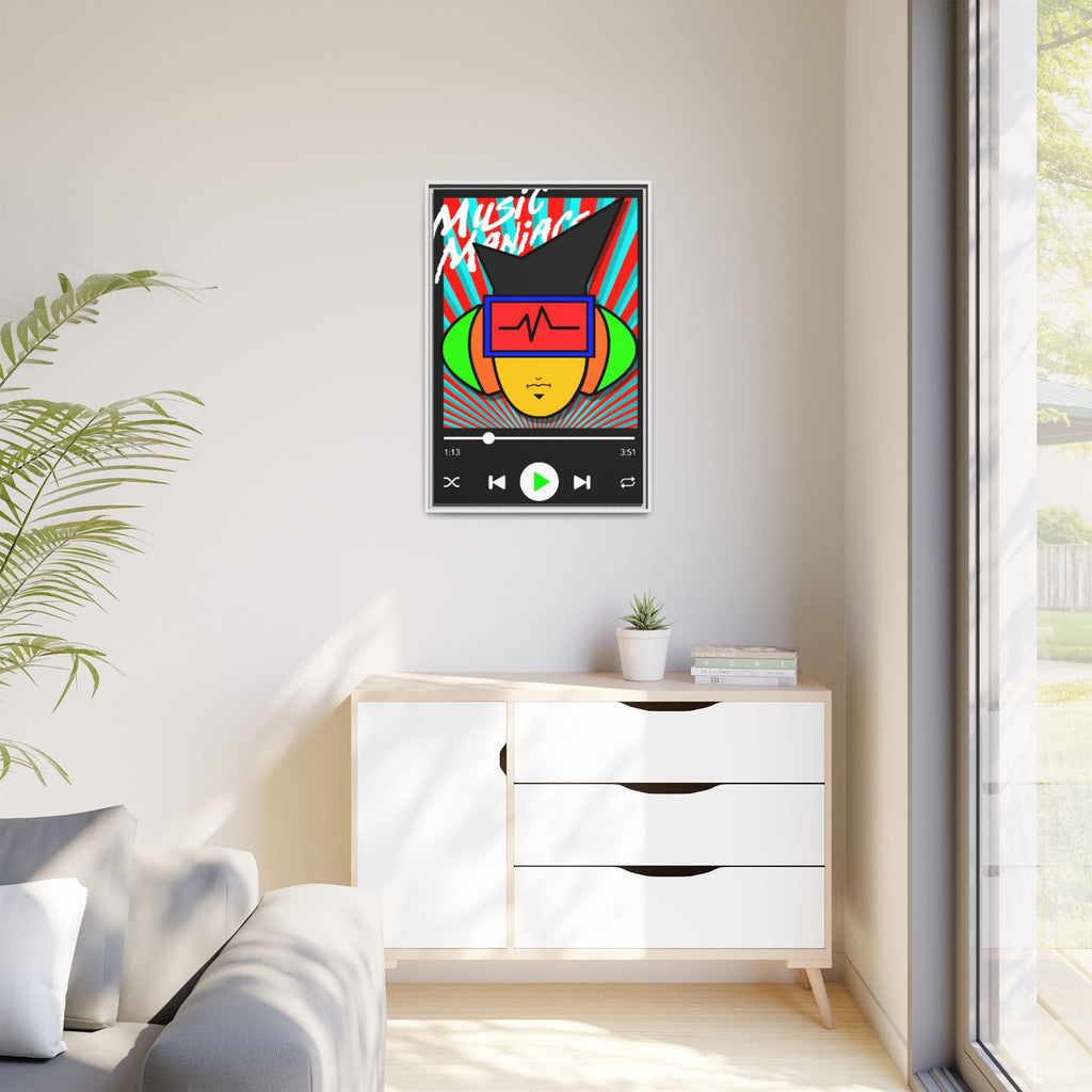 Press PLAY! Mann | Music Maniacs | Matte Framed Canvas | Pop Art Music Player Wall Art