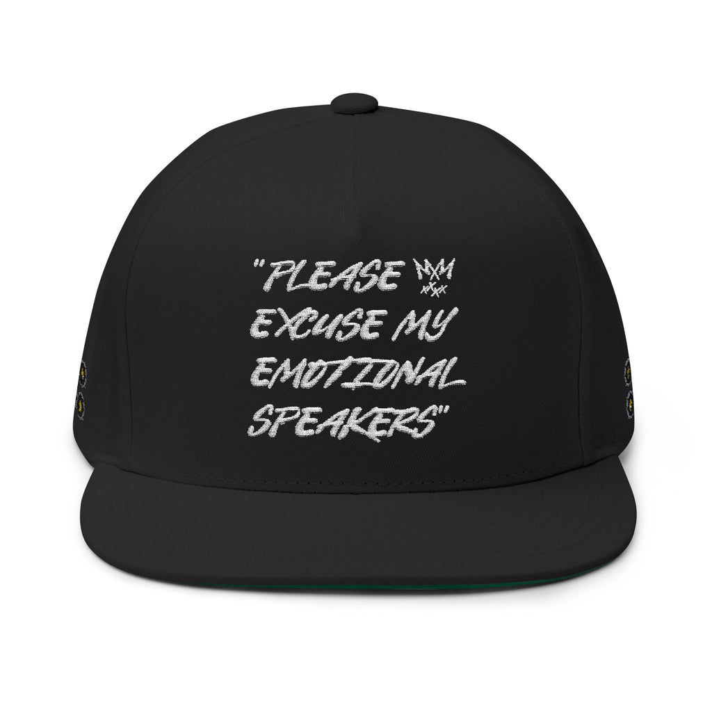 "Please Excuse My Emotional Speakers" White Logo Embroidered Flat Bill Cap