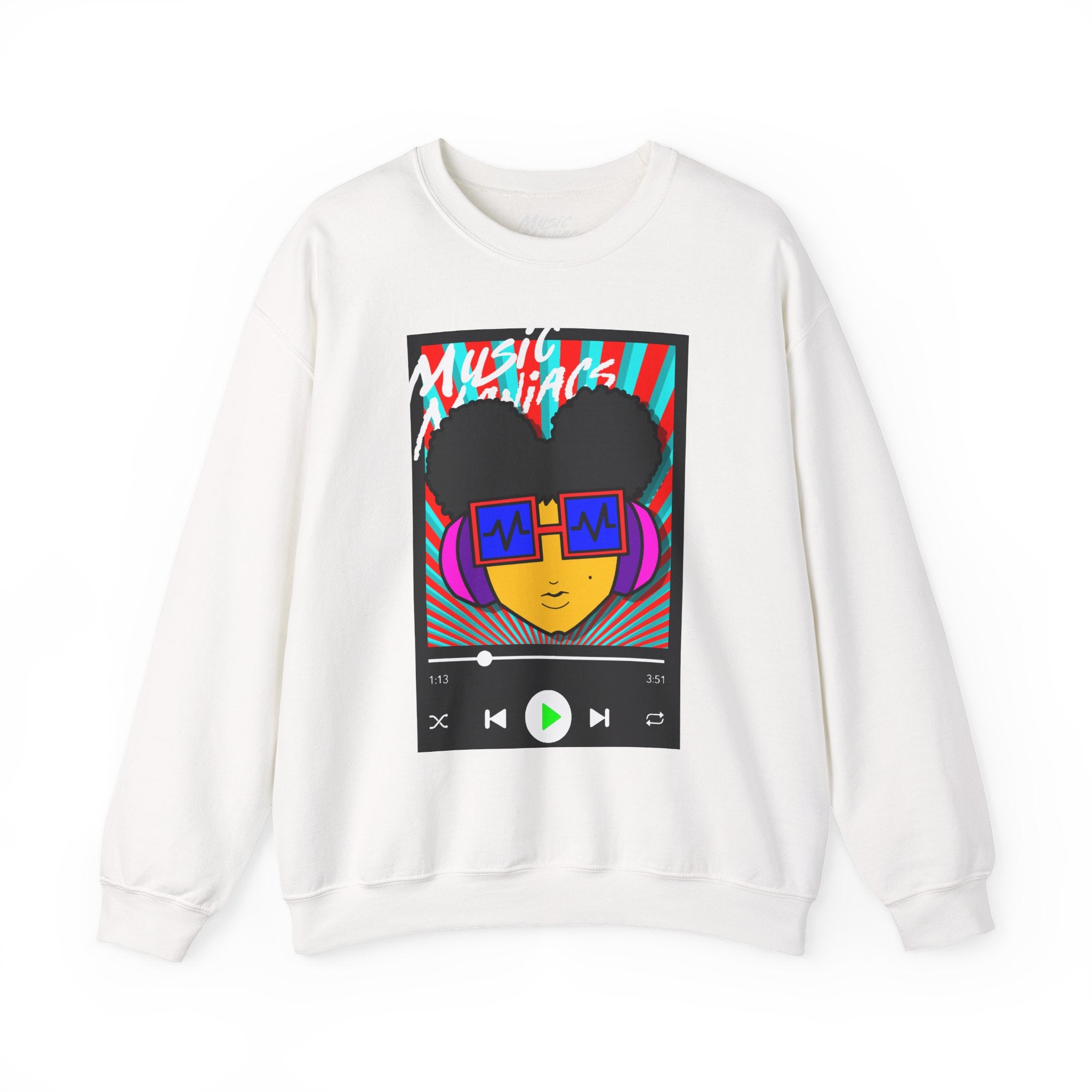 Press PLAY! Prinzazz | Music Maniacs | Graphic White Crewneck Sweatshirt | Music Player Design Apparel