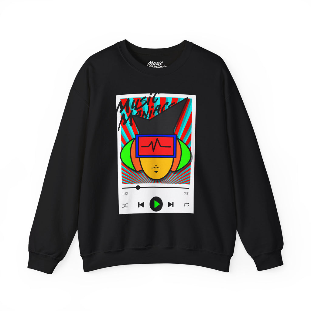 Press PLAY! Mann | Music Maniacs | Graphic Black Crewneck Sweatshirt | Music Player Design Apparel