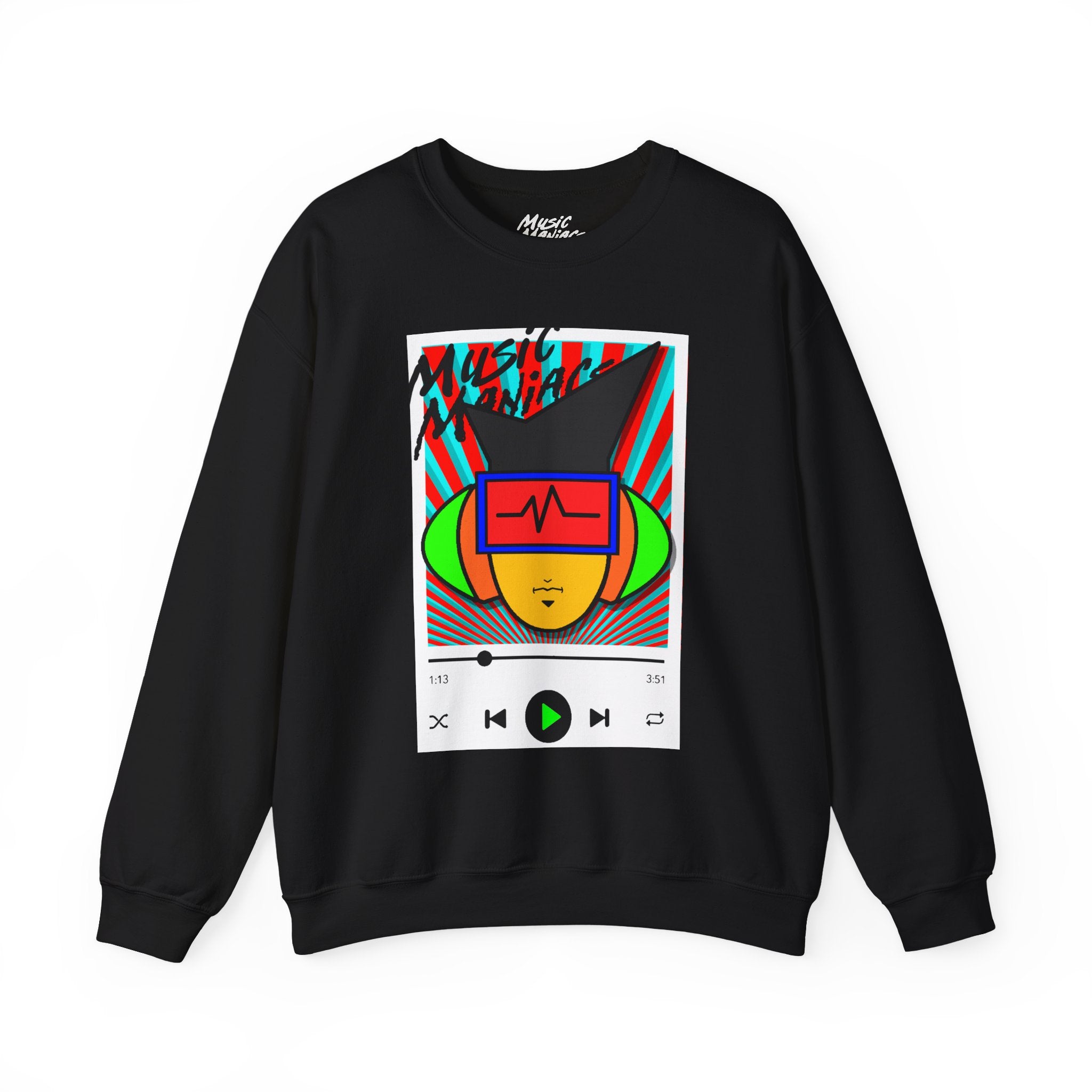 Press PLAY! Mann | Music Maniacs | Graphic Black Crewneck Sweatshirt | Music Player Design Apparel