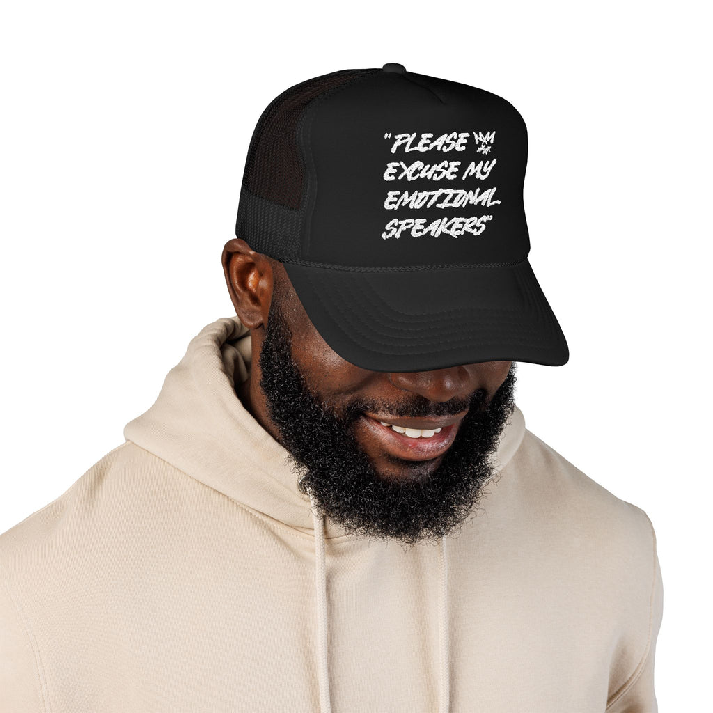 "Please Excuse My Emotional Speakers" | Music Maniacs | White Logo Foam Trucker | Musical Quote Streetwear