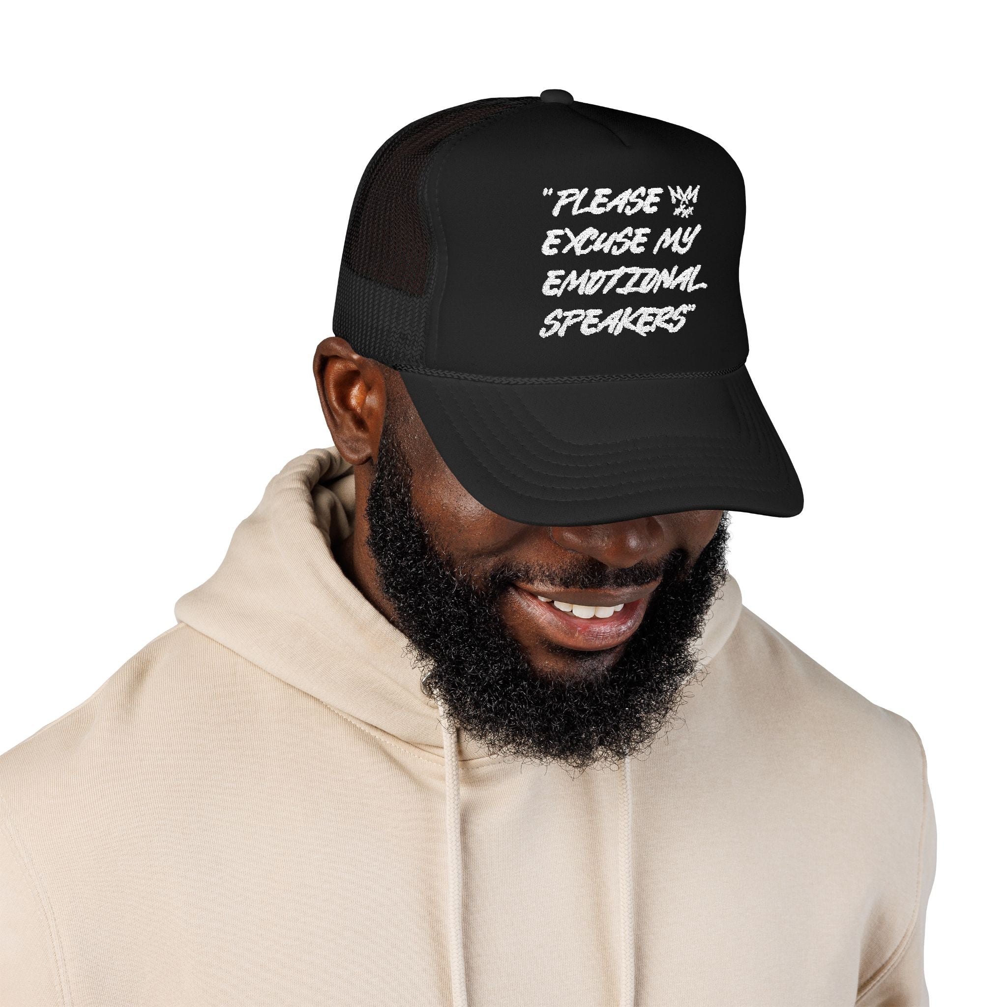 "Please Excuse My Emotional Speakers" | Music Maniacs | White Logo Foam Trucker | Musical Quote Streetwear