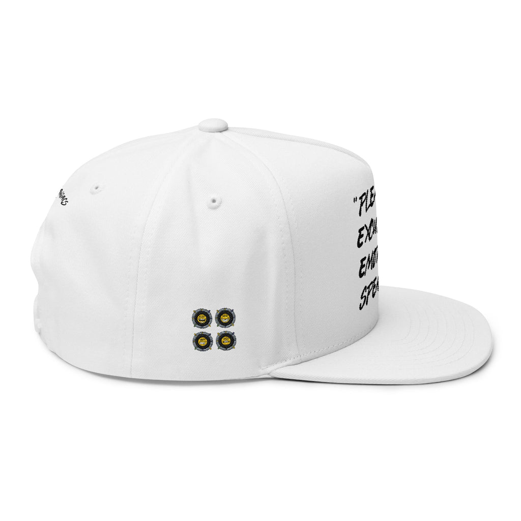 "Please Excuse My Emotional Speakers" White Embroidered Flat Bill Cap
