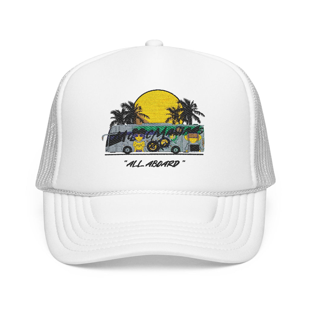 All Aboard MMX Tour Bus | Music Maniacs | White Foam Trucker Hat | Retro Tour Bus Lifestyle