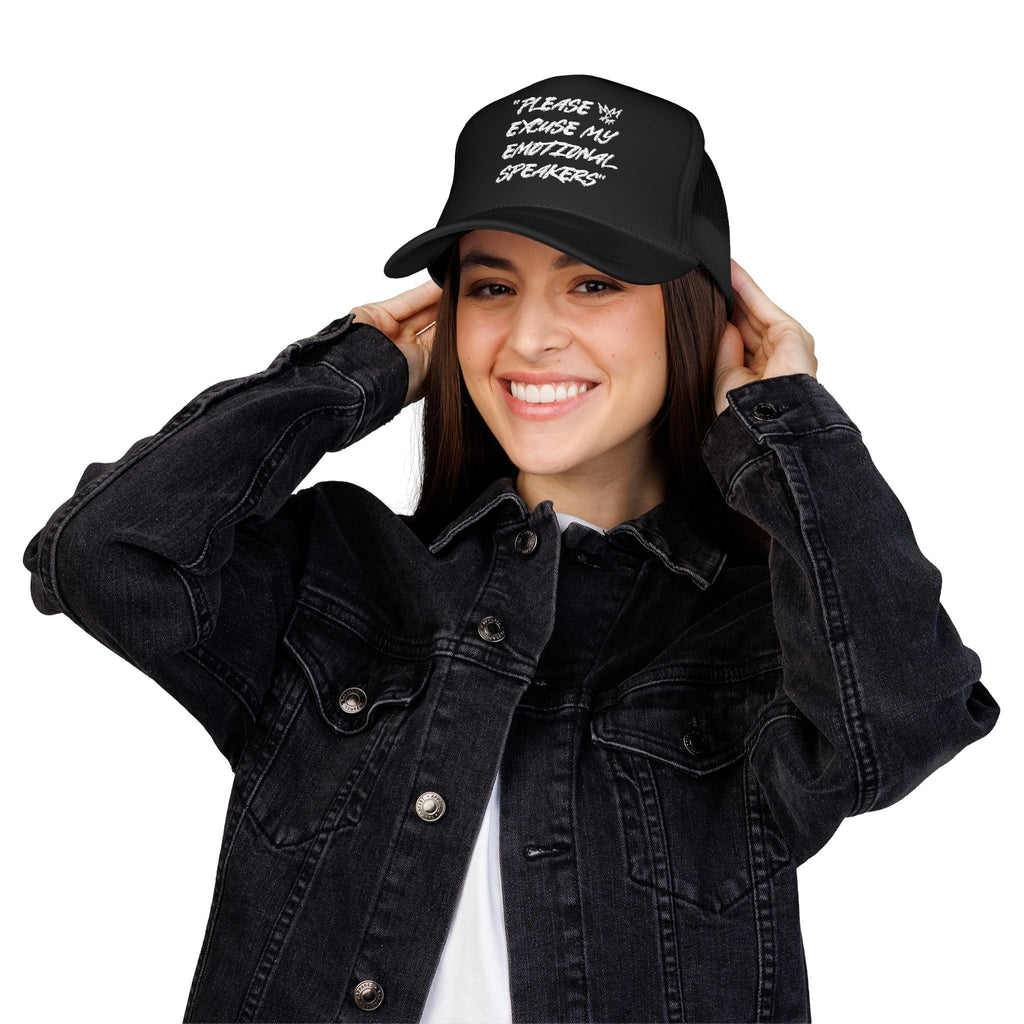 "Please Excuse My Emotional Speakers" | Music Maniacs | White Logo Foam Trucker | Musical Quote Streetwear