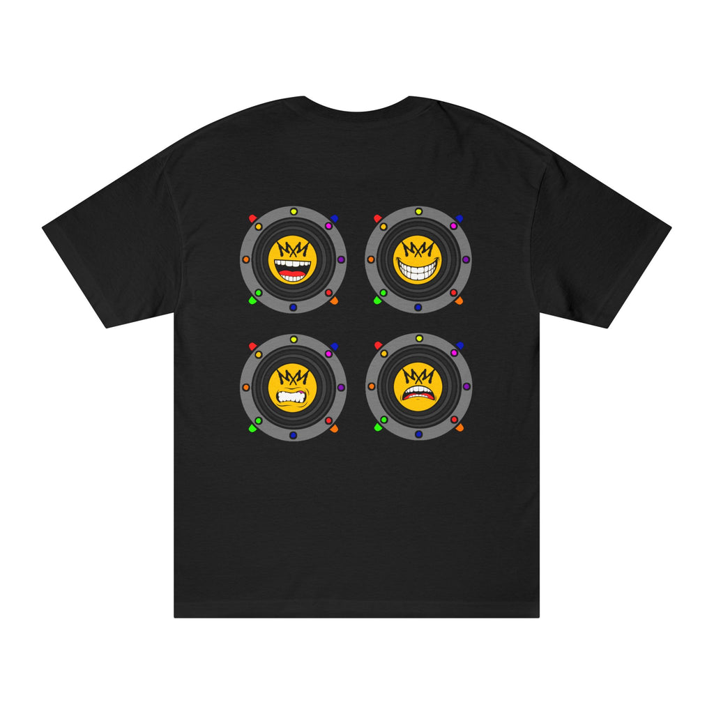 "Please Excuse My Emotional Speakers" | Music Maniacs | Black T-shirt | Graphic Speaker Emojis Quote Front