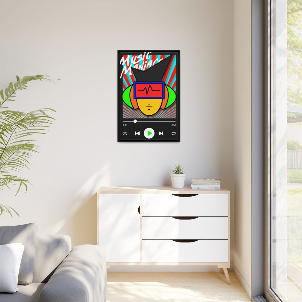 Press PLAY! Mann | Music Maniacs | Matte Framed Canvas | Pop Art Music Player Wall Art