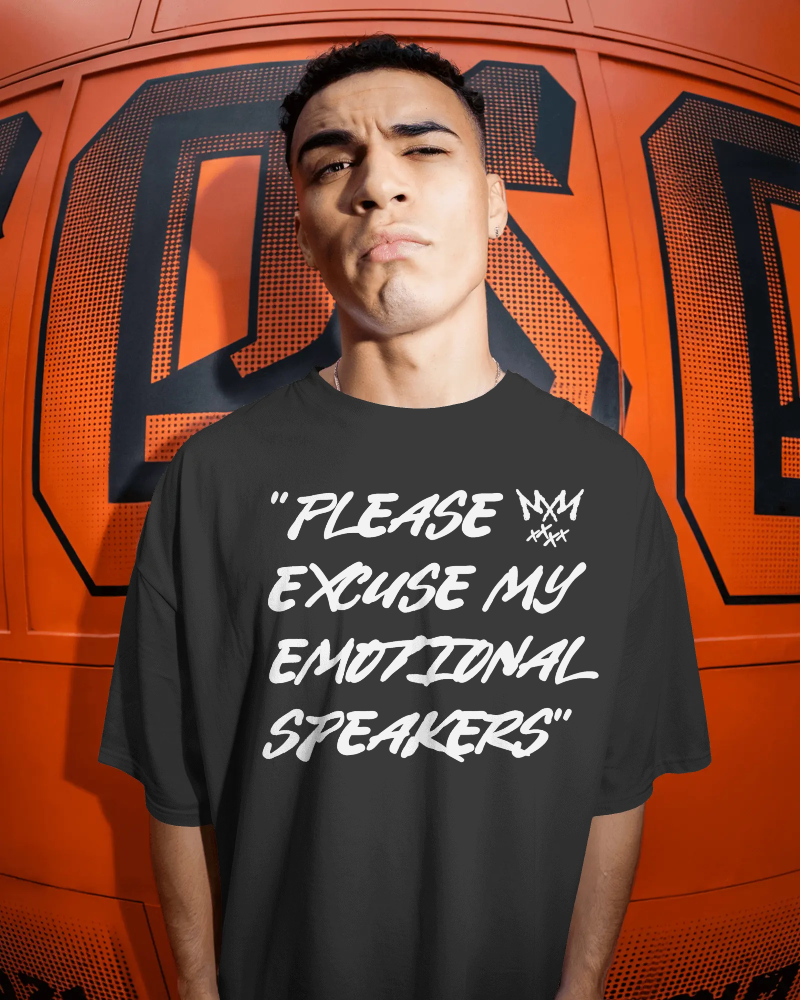 "Please Excuse My Emotional Speakers" | Music Maniacs | Black T-shirt | Graphic Speaker Emojis Quote Front
