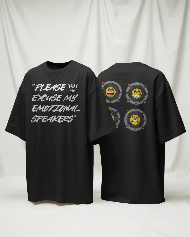 "Please Excuse My Emotional Speakers" | Music Maniacs | Black T-shirt | Graphic Speaker Emojis Quote Front