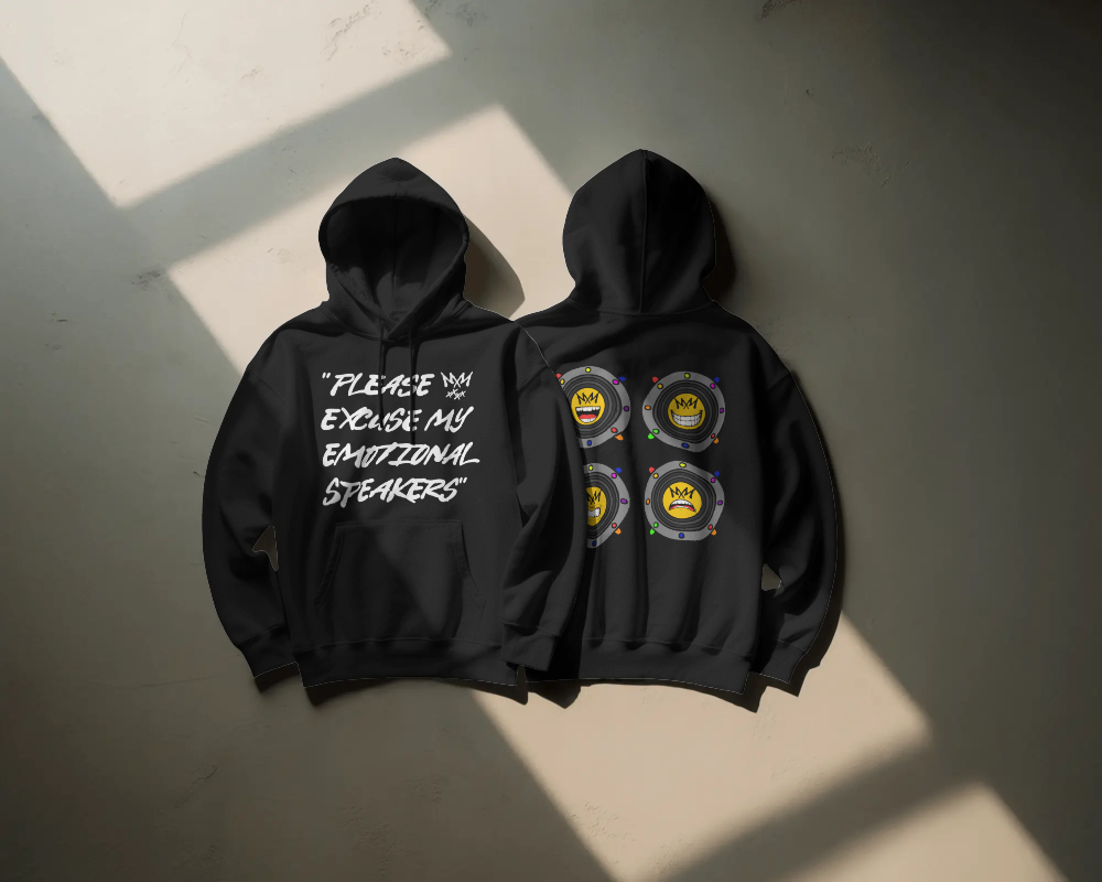"Please Excuse My Emotional Speakers" | Music Maniacs | Black Hoodie | Speaker Emojis Back Print
