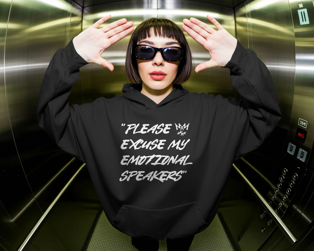"Please Excuse My Emotional Speakers" | Music Maniacs | Black Hoodie | Speaker Emojis Back Print