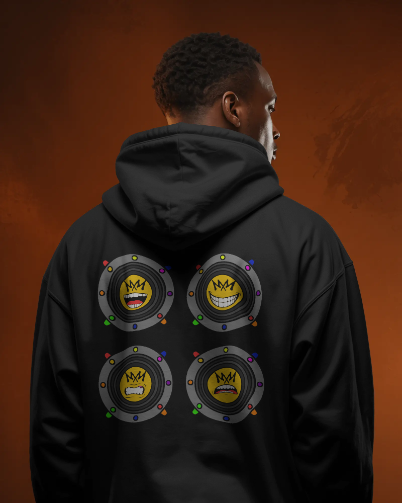 "Please Excuse My Emotional Speakers" | Music Maniacs | Black Hoodie | Speaker Emojis Back Print