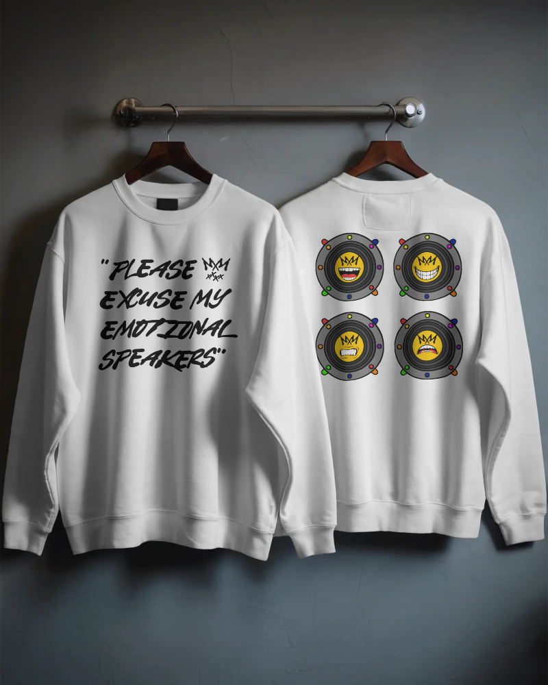 "Please Excuse My Emotional Speakers" White Crewneck Sweatshirt