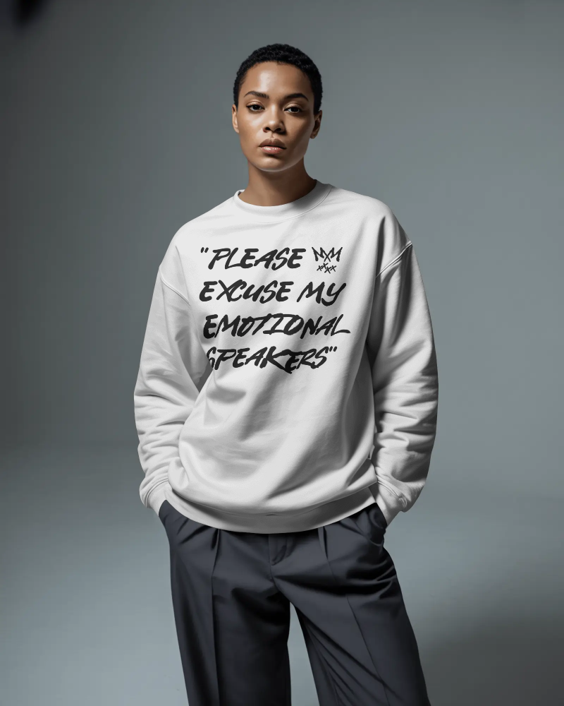 "Please Excuse My Emotional Speakers" White Crewneck Sweatshirt
