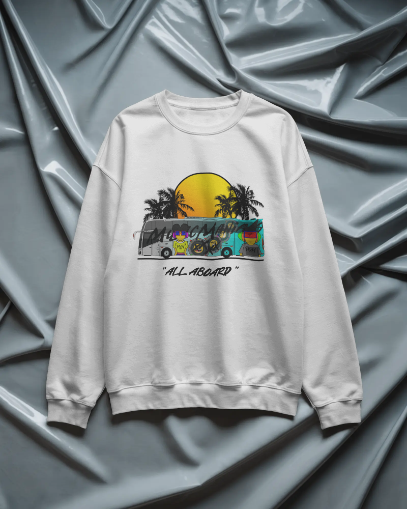 All Aboard MMX Tour Bus | Music Maniacs | White Sweatshirt | Retro Tour Bus Lifestyle