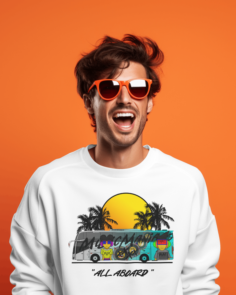 All Aboard MMX Tour Bus | Music Maniacs | White Sweatshirt | Retro Tour Bus Lifestyle