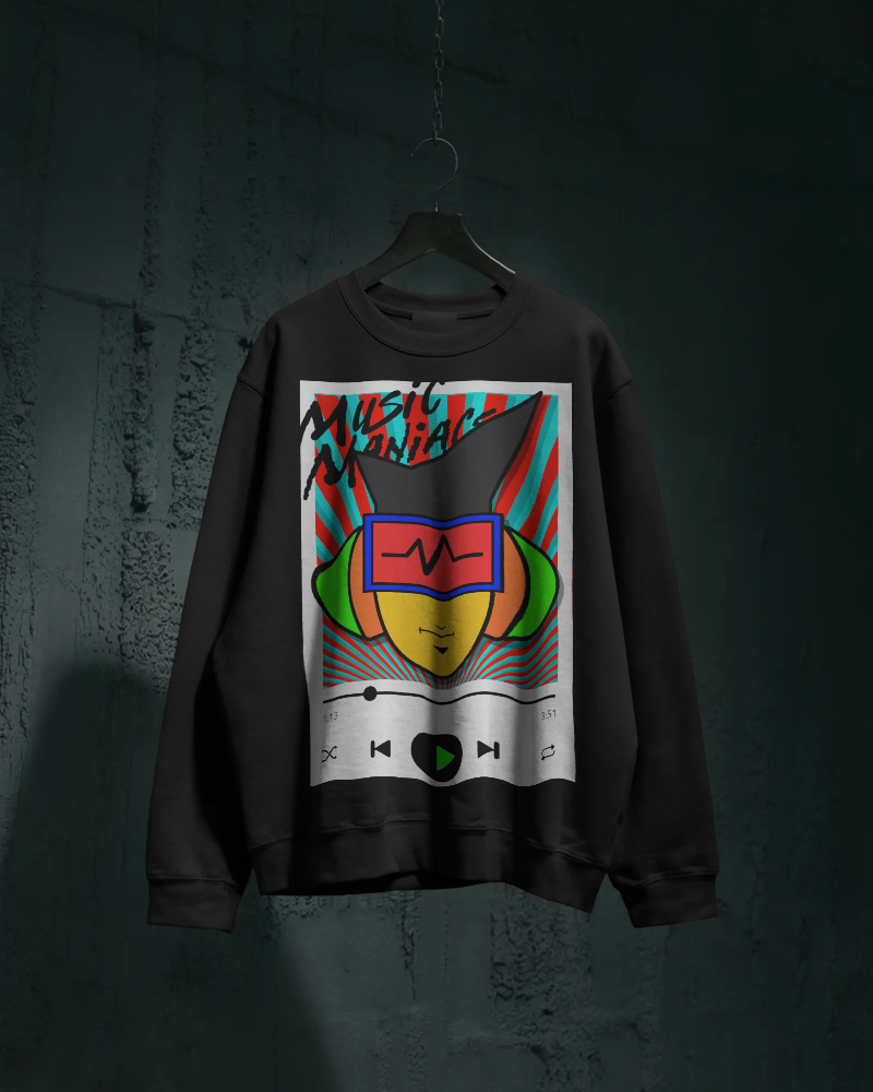 Press PLAY! Mann | Music Maniacs | Graphic Black Crewneck Sweatshirt | Music Player Design Apparel