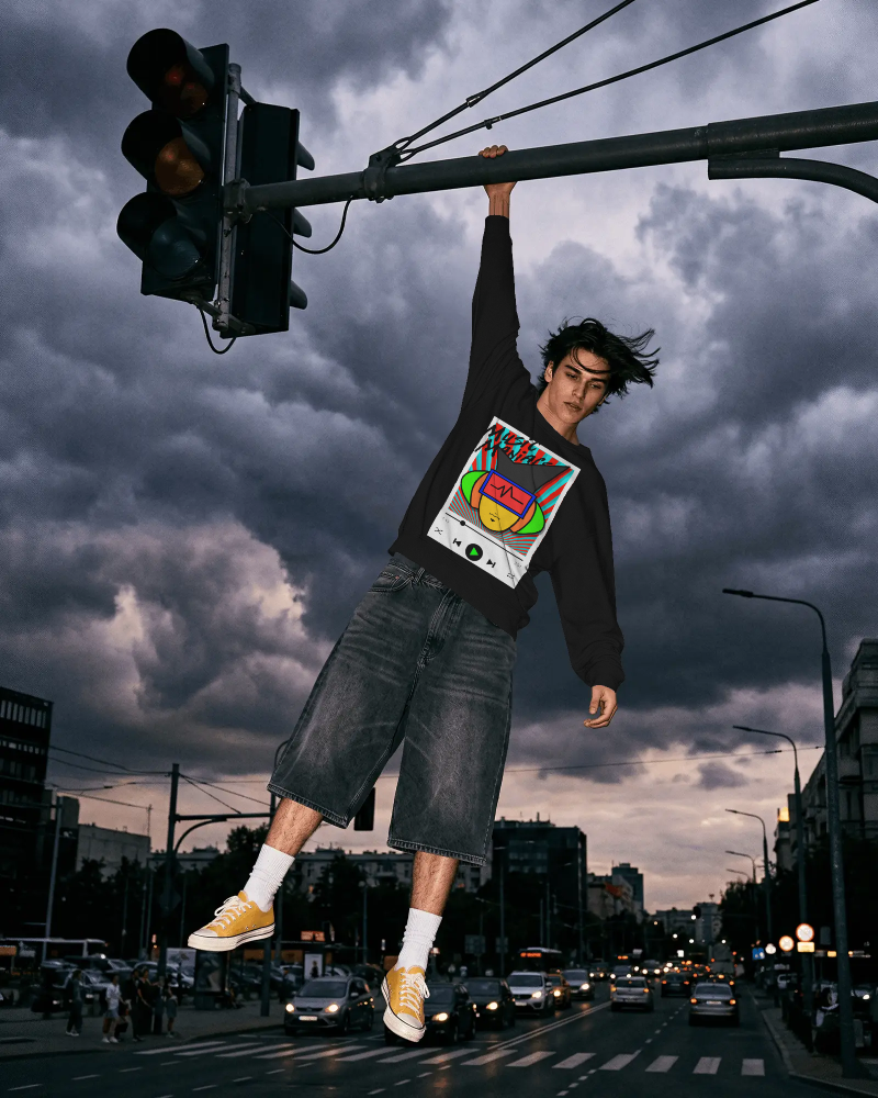 Press PLAY! Mann | Music Maniacs | Graphic Black Crewneck Sweatshirt | Music Player Design Apparel