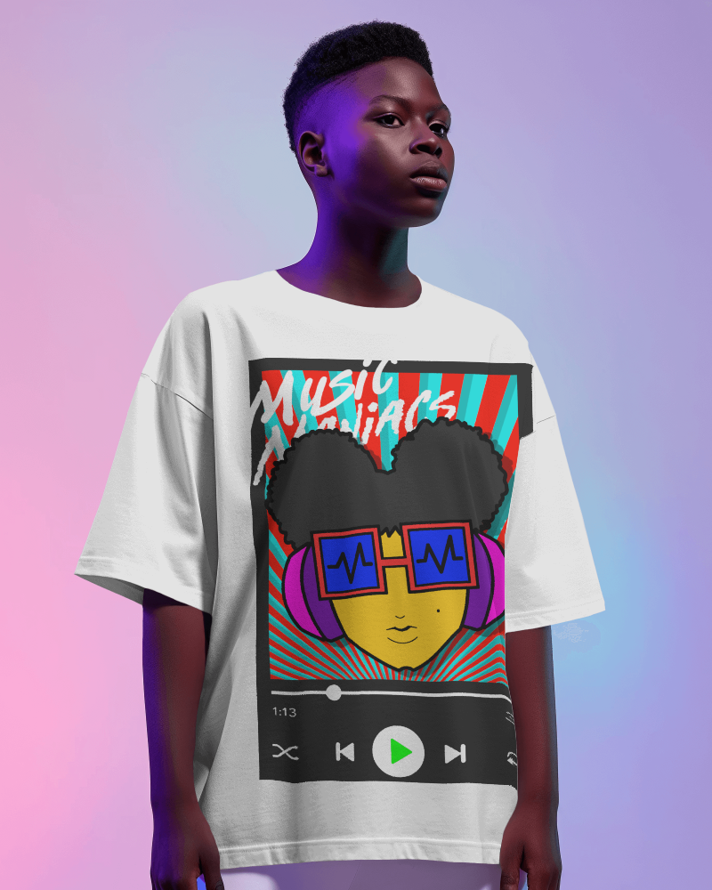 Press PLAY! Prinzazz | Music Maniacs | Graphic White T-shirt | Music Player Design Apparel