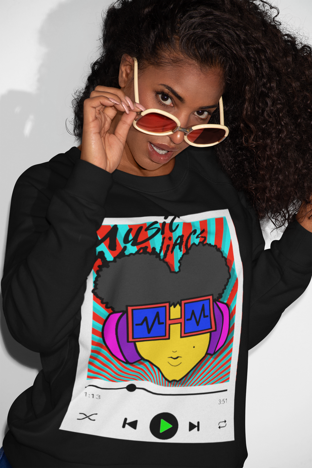 Press PLAY! Prinzazz | Music Maniacs | Graphic Black Crewneck Sweatshirt | Music Player Design Apparel