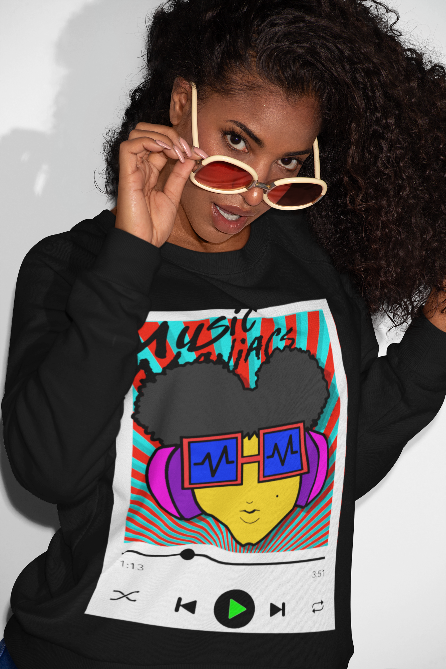 Press PLAY! Prinzazz | Music Maniacs | Graphic Black Crewneck Sweatshirt | Music Player Design Apparel