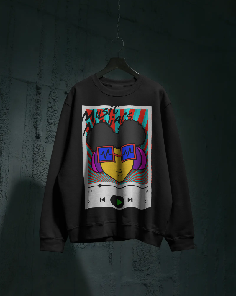 Press PLAY! Prinzazz | Music Maniacs | Graphic Black Crewneck Sweatshirt | Music Player Design Apparel