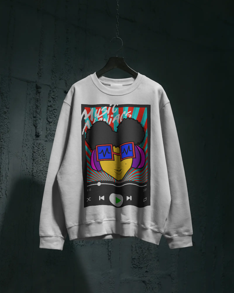 Press PLAY! Prinzazz | Music Maniacs | Graphic White Crewneck Sweatshirt | Music Player Design Apparel
