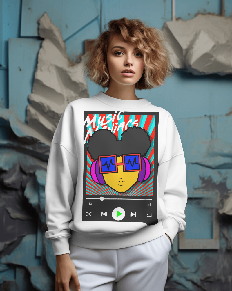 Press PLAY! Prinzazz | Music Maniacs | Graphic White Crewneck Sweatshirt | Music Player Design Apparel