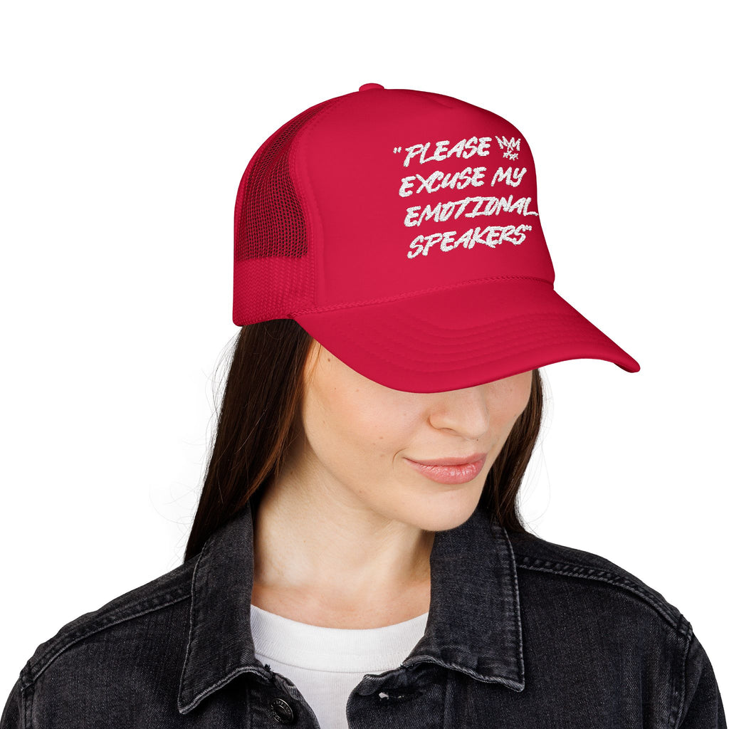 "Please Excuse My Emotional Speakers" | Music Maniacs | White Logo Foam Trucker | Musical Quote Streetwear
