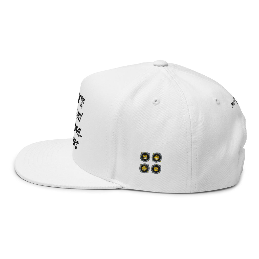"Please Excuse My Emotional Speakers" White Embroidered Flat Bill Cap