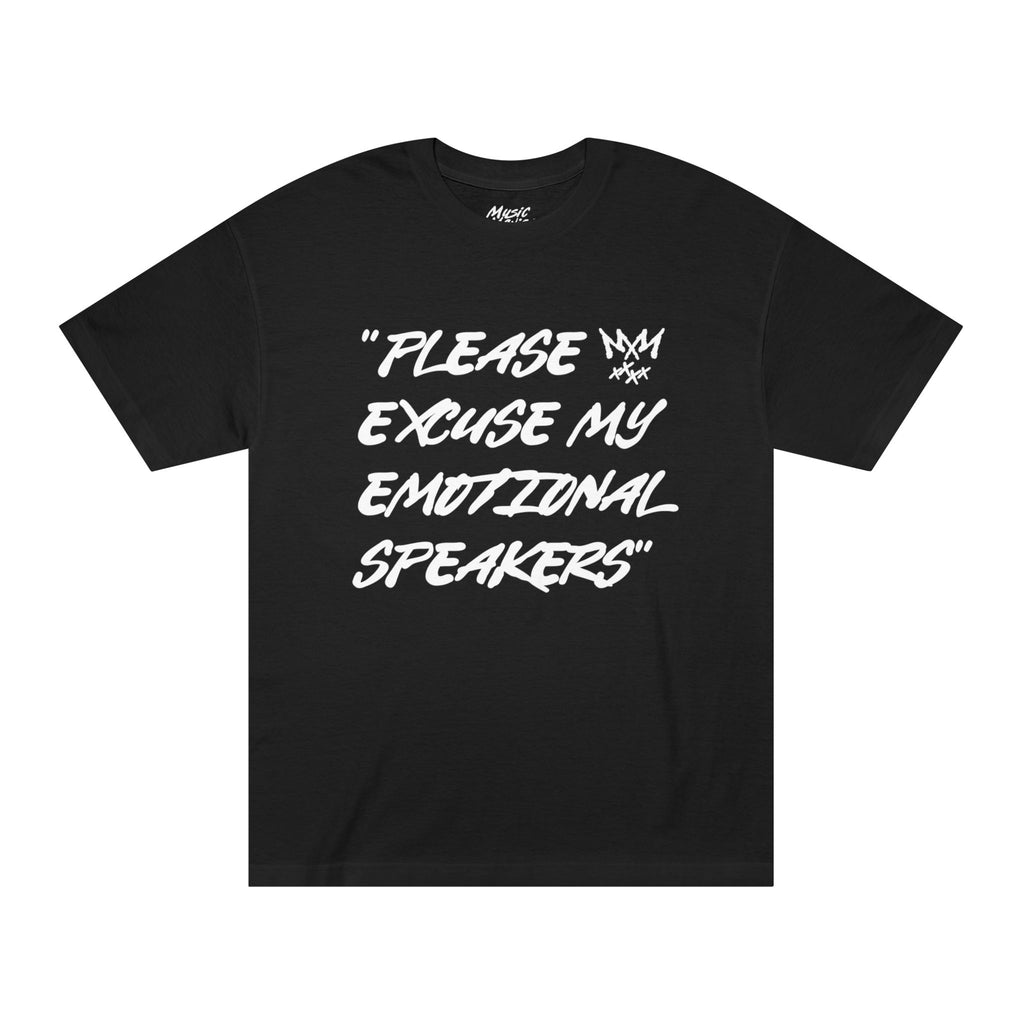 "Please Excuse My Emotional Speakers" | Music Maniacs | Black T-shirt | Graphic Speaker Emojis Quote Front