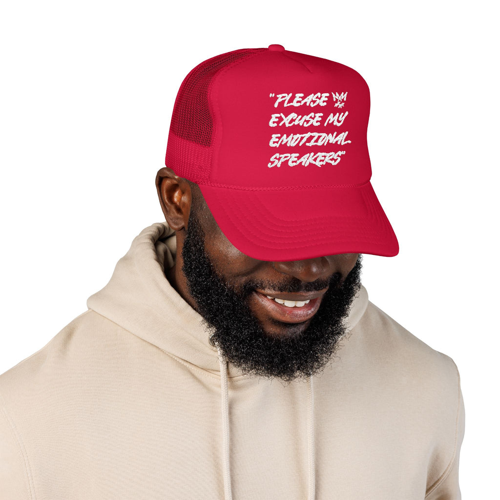 "Please Excuse My Emotional Speakers" | Music Maniacs | White Logo Foam Trucker | Musical Quote Streetwear