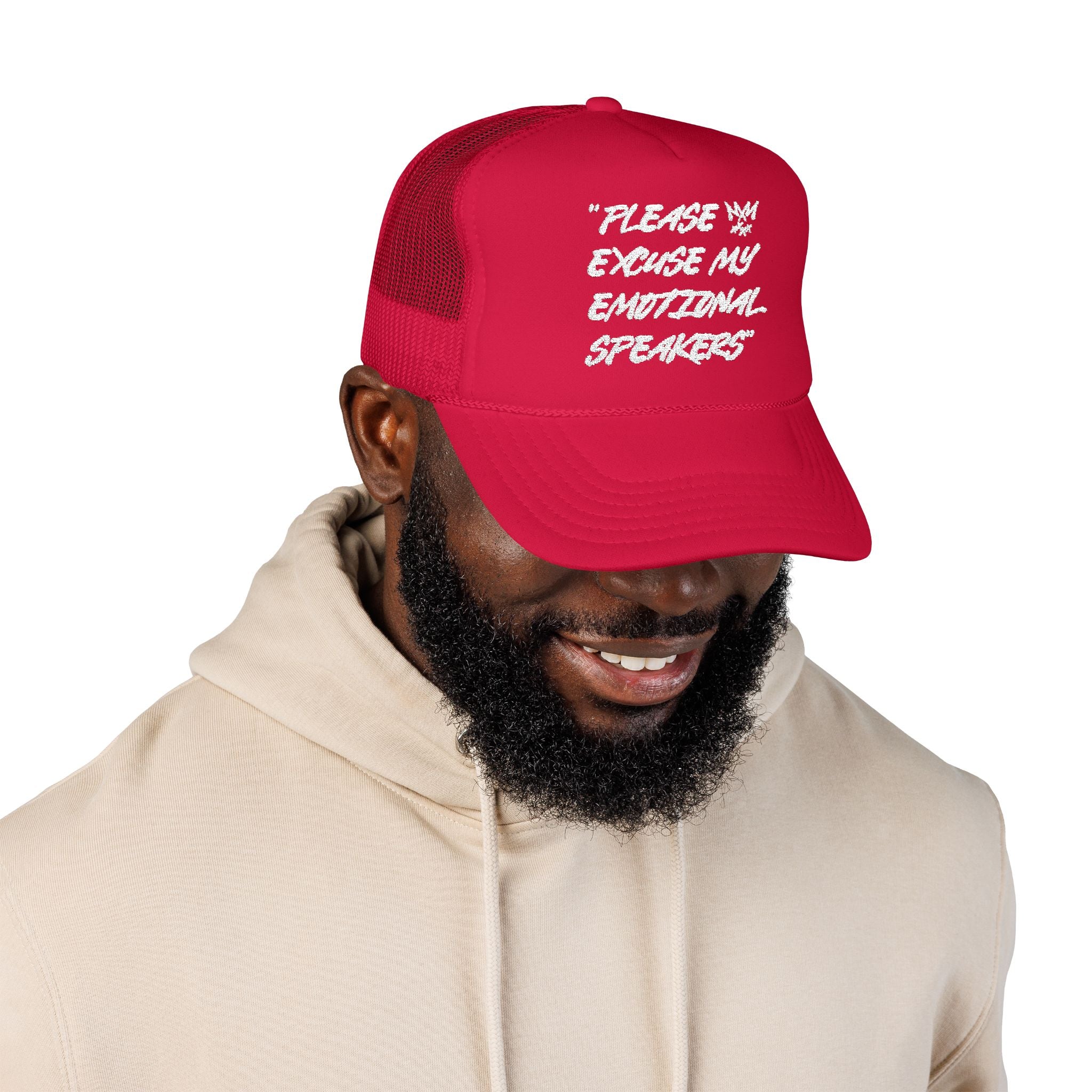 "Please Excuse My Emotional Speakers" | Music Maniacs | White Logo Foam Trucker | Musical Quote Streetwear