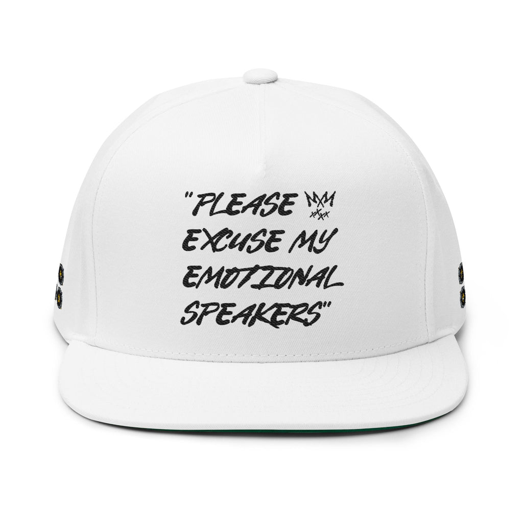 "Please Excuse My Emotional Speakers" White Embroidered Flat Bill Cap