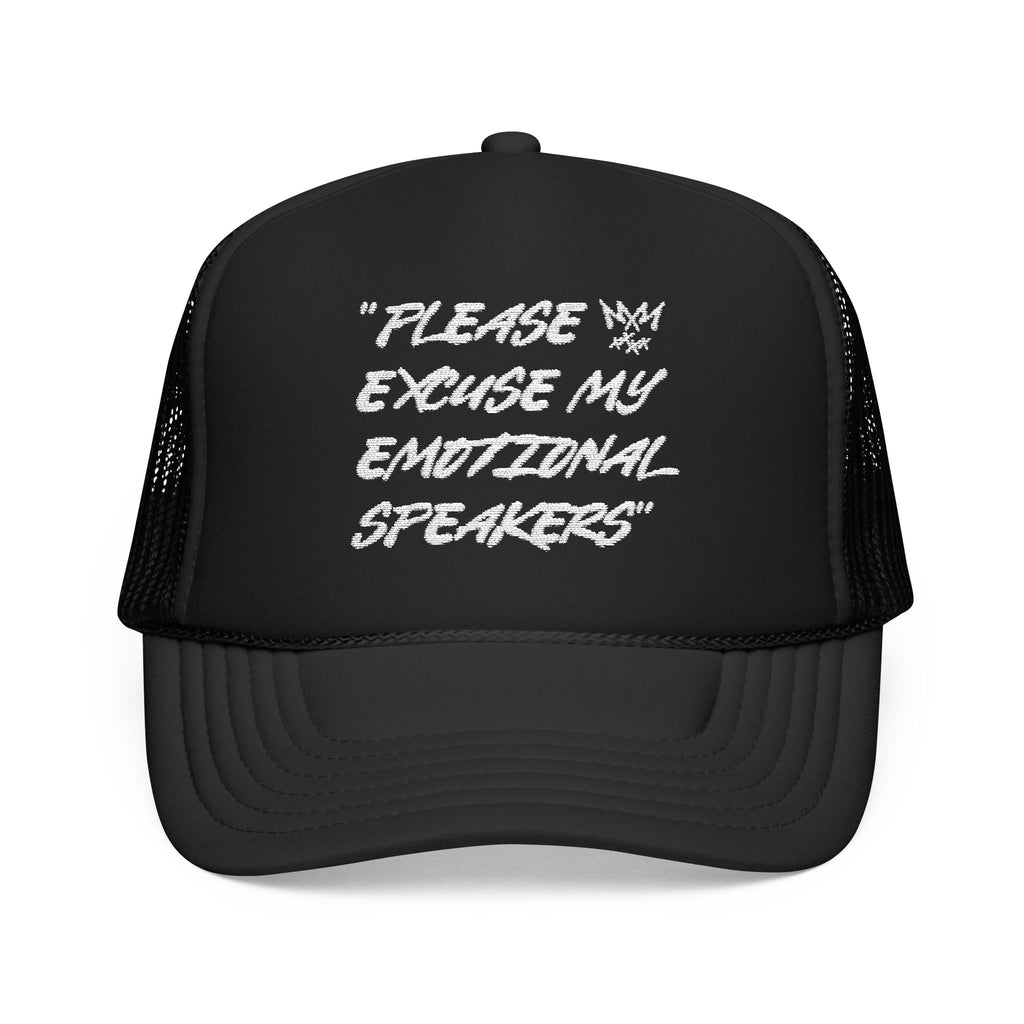 "Please Excuse My Emotional Speakers" | Music Maniacs | White Logo Foam Trucker | Musical Quote Streetwear