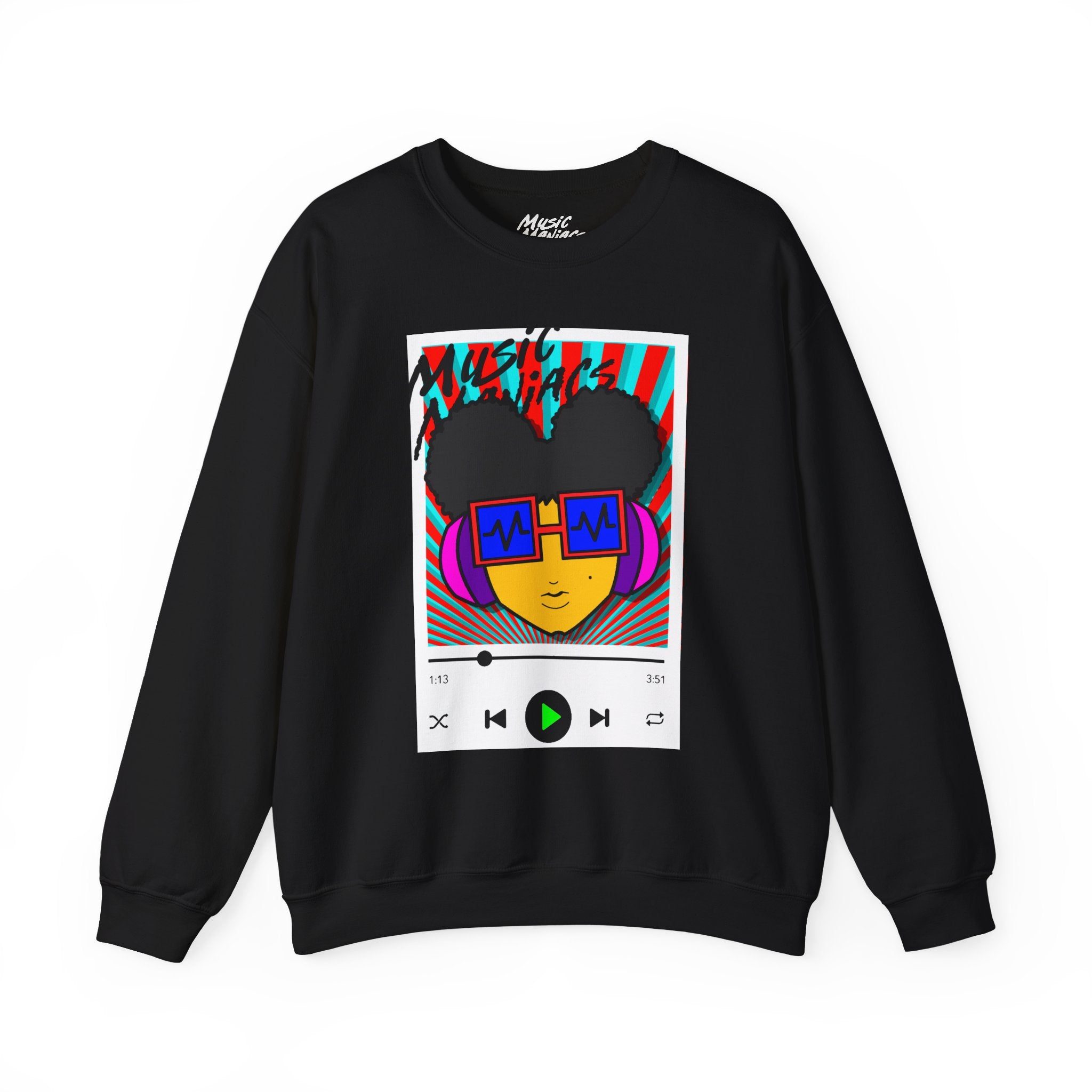 Press PLAY! Prinzazz | Music Maniacs | Graphic Black Crewneck Sweatshirt | Music Player Design Apparel