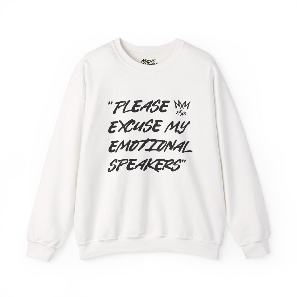 "Please Excuse My Emotional Speakers" White Crewneck Sweatshirt
