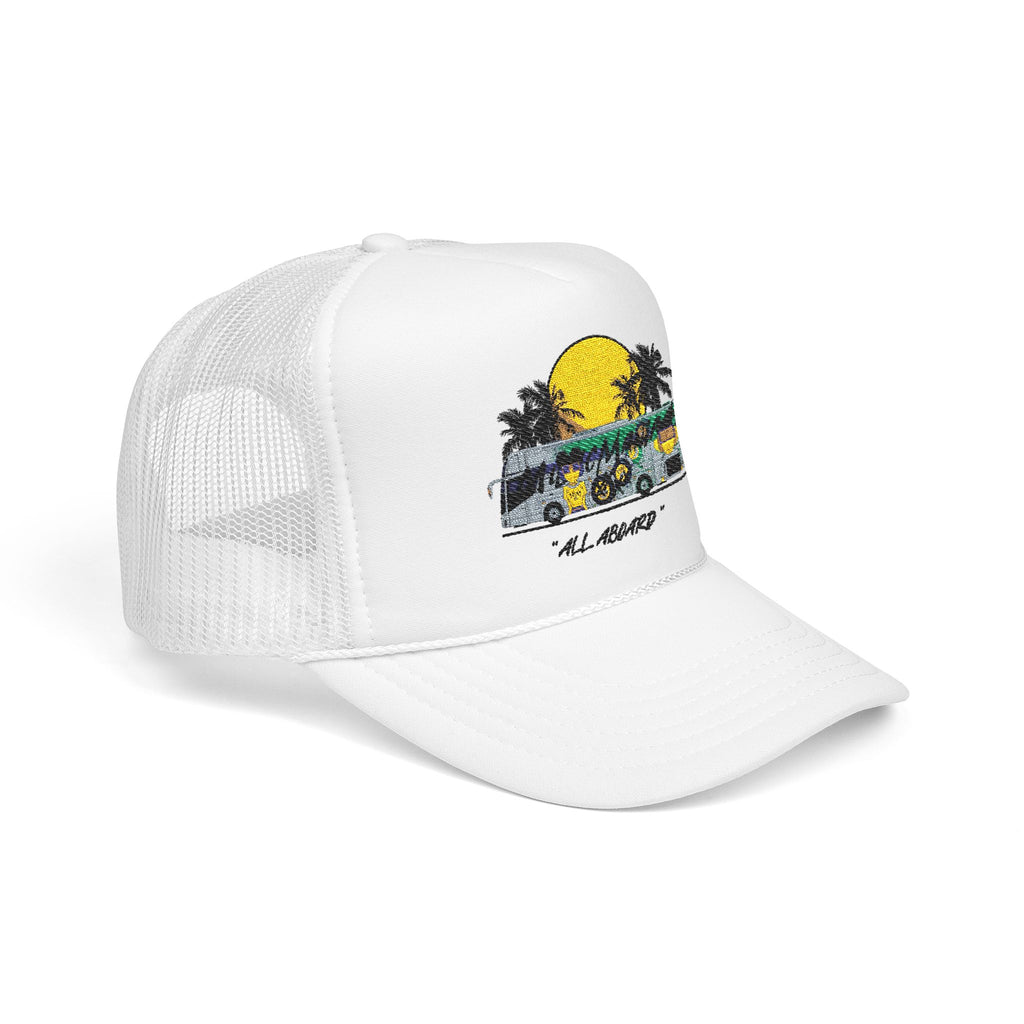 All Aboard MMX Tour Bus | Music Maniacs | White Foam Trucker Hat | Retro Tour Bus Lifestyle